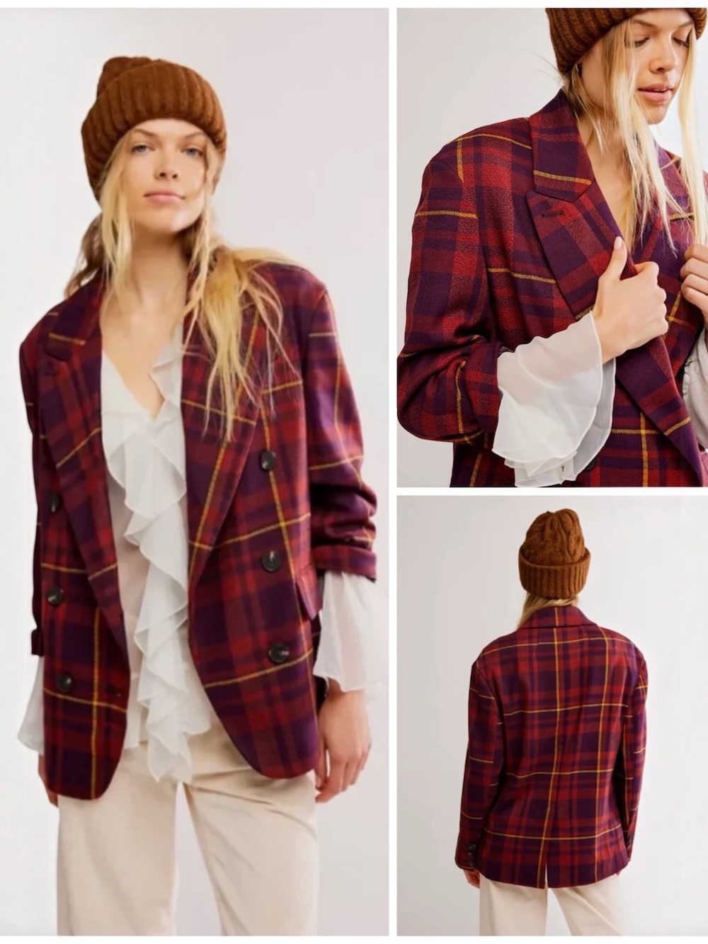 Free People Blazer Double Breasted Burgundy Plaid Jacket Oversized Relaxed Fit S - Picture 2 of 12
